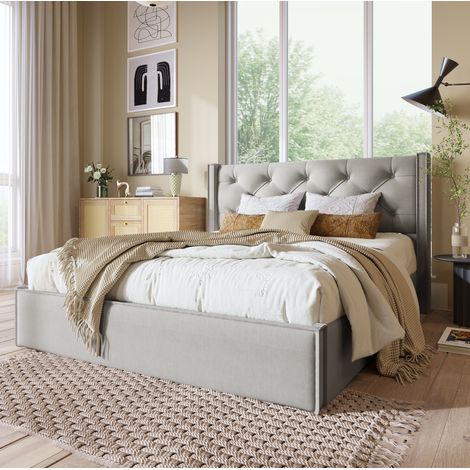 Cama doble tapizada retro 160x200 cm con cabecero acolchado, arcón elevable, madera maciza y metal, gris claro (1/5)
