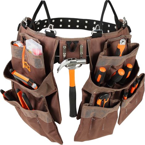 Ceinture à outils 19 poches, ceinture porte-outil tour taille 81,2-137,2 cm, sac à outils polyester amovible pour électricien, charpentier, bricoleur, menuisier, construction, encadreur, marron (1/5)