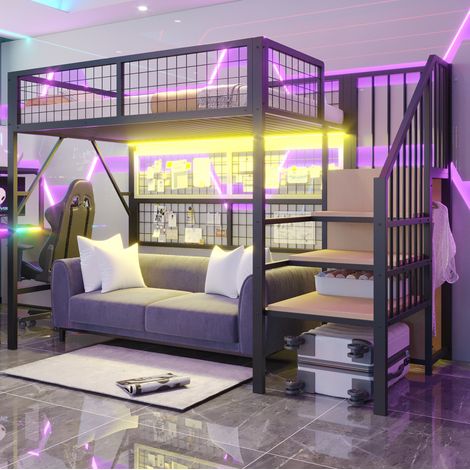 Cama alta dormitorio con almacenaje y LED negra OKMYHOME (1/5)