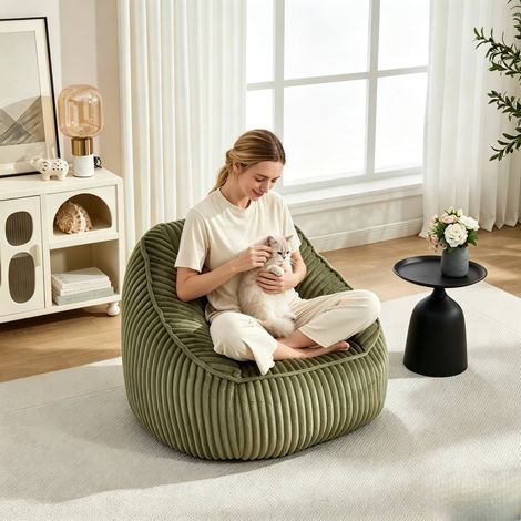 Fauteuil poire à mémoire de forme – Tissu peluche à bulles rayé – Doux et confortable – Léger et déplaçable – Pour salon, chambre, dortoir – 98×92×73 cm – Vert (1/5)