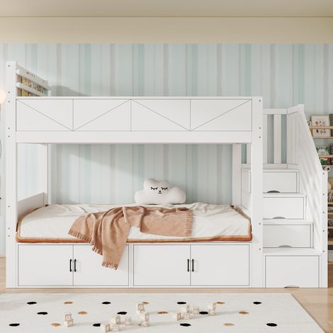 Lit superposé 90x200 avec escalier rangement et rangements fermés - Pin massif et MDF - Barrière haute et étagère - Sécurité EN747 - Charge 120kg - Blanc (1/5)