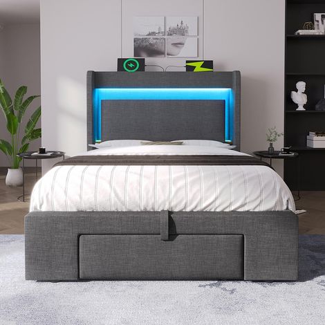 Lit adulte avec rangement hydraulique et tête de lit avec compartiment de rangement, éclairage LED et ports USB et USB-C, lin, gris-90x200 cm (1/5)