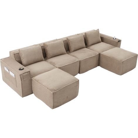 GagaCanapé 4 places en velours côtelé avec 2 poufs, kaki (1/5)