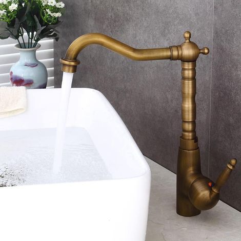 Waschtischarmatur, Antikes Messing Mischbatterie Bad Wasserhahn, 29cm Hoch Retro Waschtischarmatur Hoher Auslauf Wasserhahn, Badarmatur für Waschbecken Badezimmer