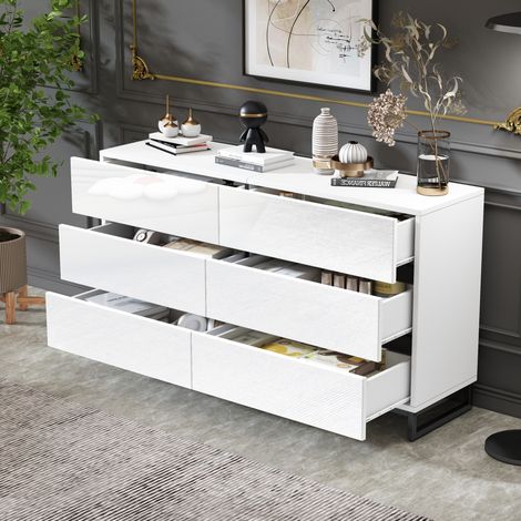 Mueble de almacenaje para salón 140 x 39,5 x 78,5 cm, 6 cajones, blanco y negro OKMYHOME (1/5)