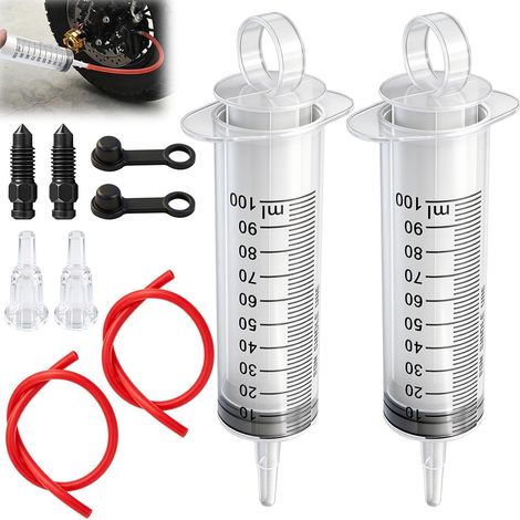 Kit Purge Frein avec Seringue 100ml Hydraulique Tuyau 50cm pour Moto et VTT 2 Seringues + 2 Tuyaux Souples + 2 Vis Liaison + 2 Boucle Compatible Scooter Quad Vélo pour Dot 4 Liquide Frein Remplacer (1/5)