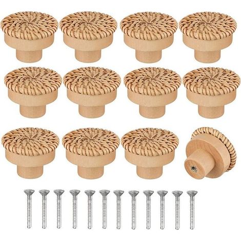 Lot de 12 boutons de commode ronds en rotin de style bohème - Fabriqués à la main - Avec vis - Pour meubles en bois - Pour commode, tiroirs, armoire (1/5)