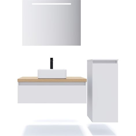 Meuble de salle de bain suspendu vasque à poser 90cm 1 tiroir Blanc + miroir + colonne ouverture droite - Hudson (1/5)