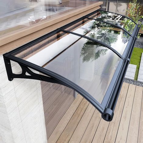 Auvent pour porte d'entrée, store extérieur avec support en aluminium en plaque de polycarbonate, store de porte pour terrasse, balcon, véranda, protection UV contre la pluie et la neige, transparent, (1/5)