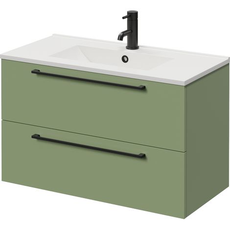 Napoli 390 Olive Green 800mm Wall Mounted 2 Drawer Vanity Unit with Angel Basin - 800mm - Matt Black 480mm Handle