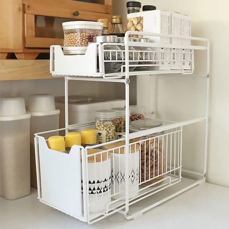 Panier Coulissant Sous Évier - 2 Niveaux - Métal Robuste - Hauteur Réglable - Cuisine et Salle de Bain - Blanc (37,4 x 26,5 x 44 cm) (1/5)
