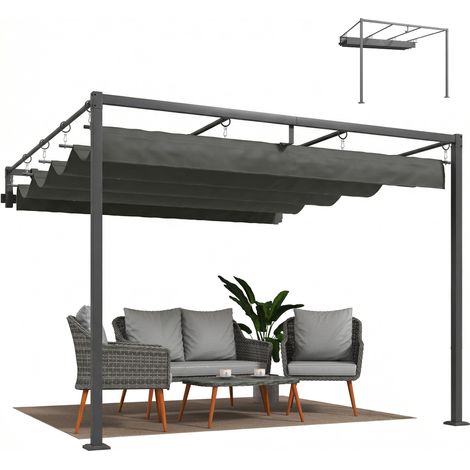 Pergola a parete 3 x 3 m con tetto scorrevole retrattile, protezione UV30+ e fori di drenaggio, grigio scuro