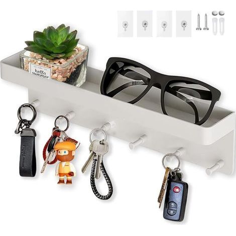 Porte Clef Mural à 6 crochets. 2 Façons D'installer Porte Clé Mural et Porte-Courrier Décoratifs. Accroche Clé Mural pour Entrée. Couloir. Bureau. Blanc (1/5)