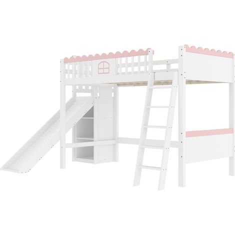 Letto a soppalco per bambini 90x200 cm in pino e MDF bianco con LED, mensole e scivolo (1/5)
