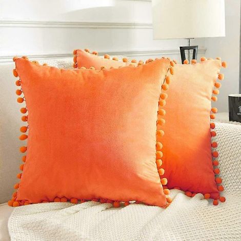 Décoration intérieure et extérieure, Décoration automnale pour la maison, Taies d'oreiller à pompons en velours orange vif, Lavables en machine, 50 x 50 cm, Lot de 2 pour salon, chambre, (1/4)