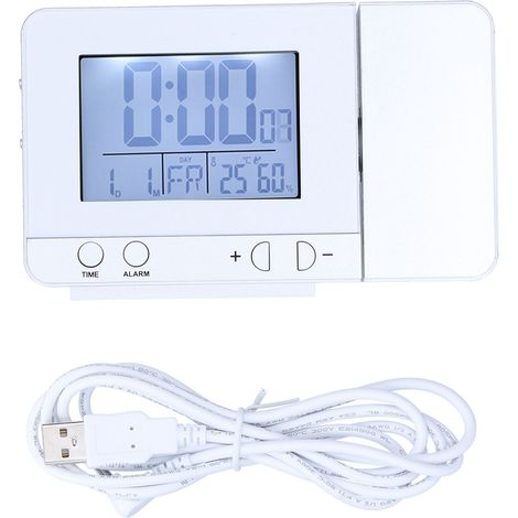 Digitaler LED-Projektionswecker mit 180°-Drehung, Temperatur- und Feuchtigkeitssensor, USB-Anschluss, Silber (1/5)
