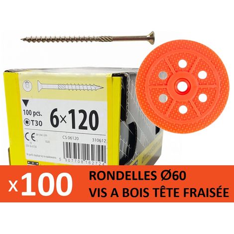 100 Rondelles d'isolation D.60 mm + Vis à bois L. 120 mm
