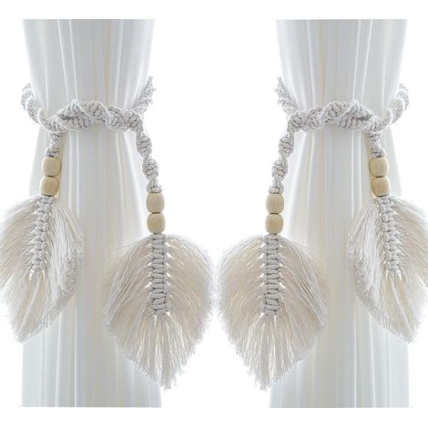 Lot de 2 — Supports de rideaux style bohème — Supports de rideaux en coton naturel tissés à la main « Shuangye », nœuds de rideaux style rustique (beige) (1/5)