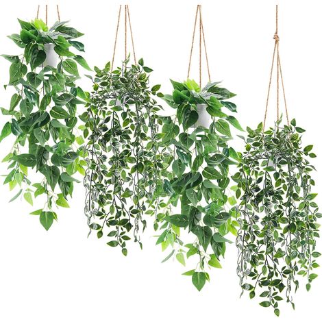Lot de 4 plantes artificielles à suspendre en pot -Lierre à faux lierre artificiel Mandala pour décoration de pièce, salle de bain, mur, étagère intérieur (1/5)