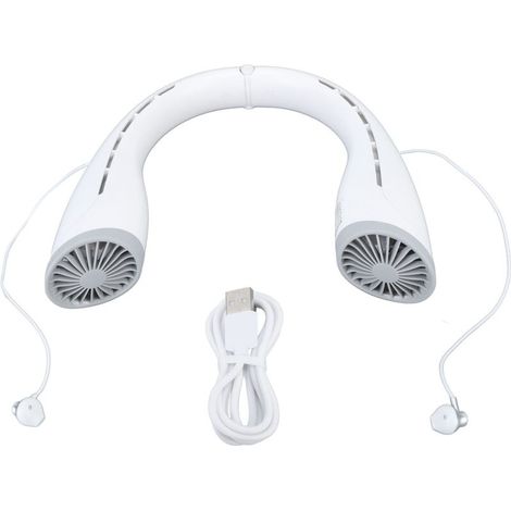 Ventilateur de cou sans fil Bluetooth avec écouteurs, rechargeable USB 4000mAh, portable mains libres, silencieux et sans pales, blanc