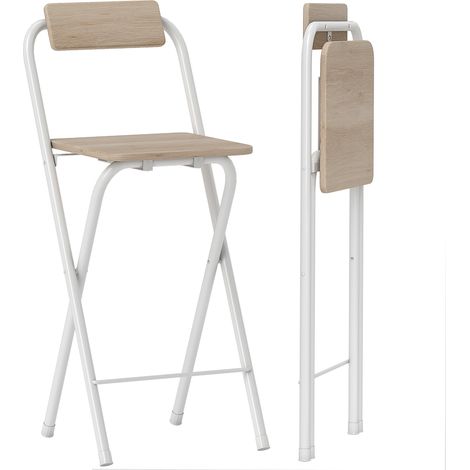 Lot de 2 tabourets de bar pliables avec dossier et repose-pieds, cadre en acier, 87 cm de haut, effet bois naturel