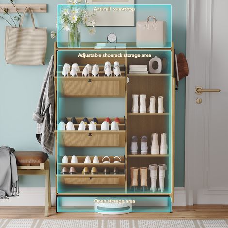 Meuble à chaussures en rotin 3 abattants – étagères réglables – rangement étroit pour entrée ou couloir – montage facile – poignées métal – bois naturel – coloris : Natural wood color cabinet