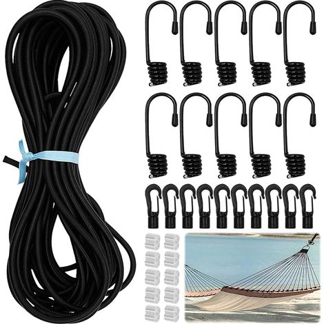 6mm x 10m Elastic Rubber Rope with 10 Spiral Hooks, 10 Plastic Hooks, 10 Strangler Clamps, Black Tie Rope for Trailer Tarpaulin Camping Sailing (1/5)