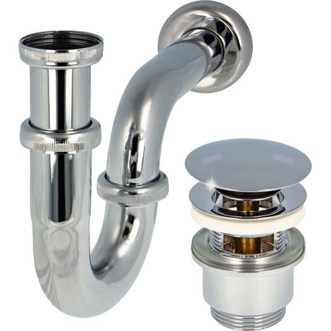 tecuro Siphon mit Pop Up Ablaufventil verchromt - Universal Set für Waschtisch / Waschbecken (1/5)