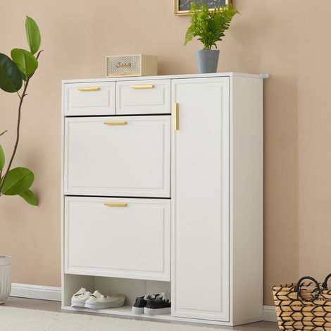 Zapatero blanco con 2 cajones, estantes ajustables y compartimentos abiertos, 95×24×107,5 cm, almacenaje para 10-15 pares para recibidor-FLORAGRACE (1/5)