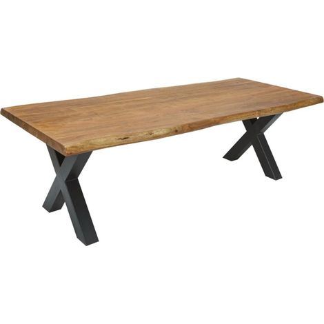 Esstisch ARKAYA 240 cm – Tischplatte aus lackiertem Massivholz Akazie und Beine aus schwarzem Metall in X-Form