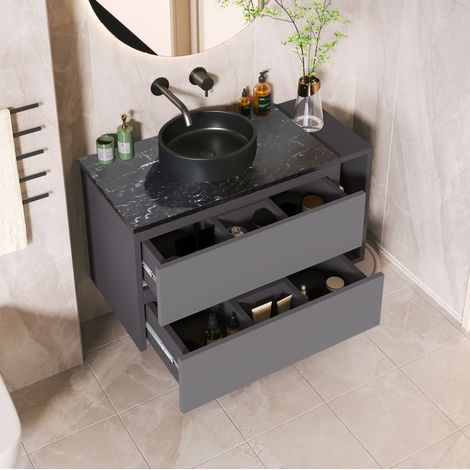 Mueble lavabo suspendido 80 cm en MDF gris con almacenaje para baño FLORAGRACE (1/5)