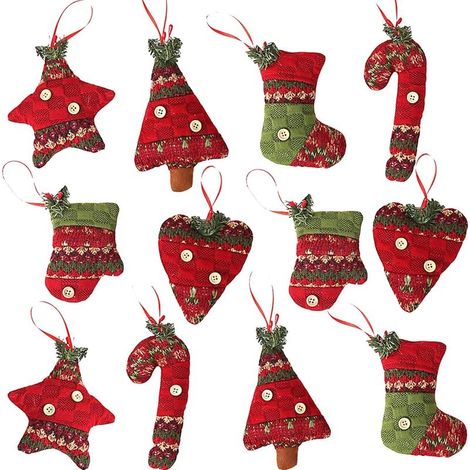Décorations de saison Lot de 12 décorations de Noël en toile de jute à suspendre,chaussettes de Noël,gants,canne,arbre de Noël,étoile en forme de cur,décoration à suspendre pour les fêtes de fin d'ann (1/5)