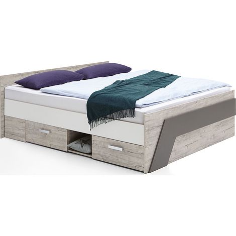 Jugendbett 140x200 cm LEEDS-10 mit 2 Schubkästen, Sandeiche Nb./weiß/Lava, B x H x T ca. 145 x 69,5 x 204,5cm (1/4)