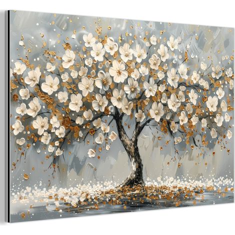 CUADRO DE METAL Árbol - Flores - Blanco - Naturaleza - Arte Cuadros Grande 120x80 (1/5)