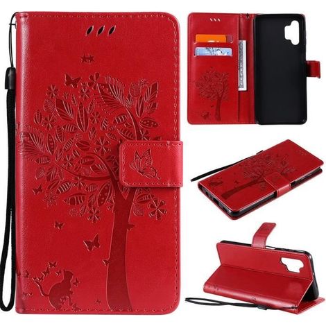 Housse Étui pour Samsung Galaxy A32 5G, PU Cuir et Silicone Souple Arbre Portefeuille Magnétique Support Dragonne Protecteur -Rouge (1/4)