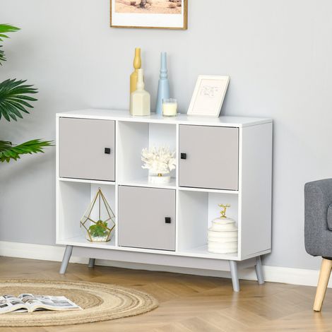 Buffet. meuble de rangement avec 3 portes et 3 compartiments ouverts. pieds en bois de pin. 96x30x75cm. blanc et gris