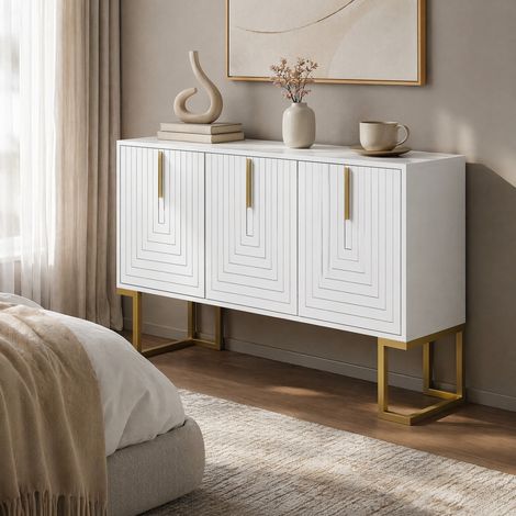 Sideboard 3-türig in Weiß aus MDF und Spanplatte mit verstellbaren Regalen und Metallgestell,291x192x257 cm (1/5)