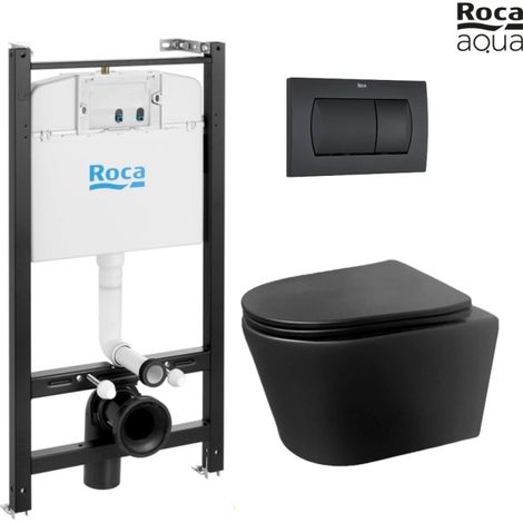 BASTIDOR ROCA ACTIVE PACK CISTERNA EMPOTRADA Y PULSADOR NEGRO MATE CON INODORO SUSPENDIDO Rimless LIA Negro de AzulBath