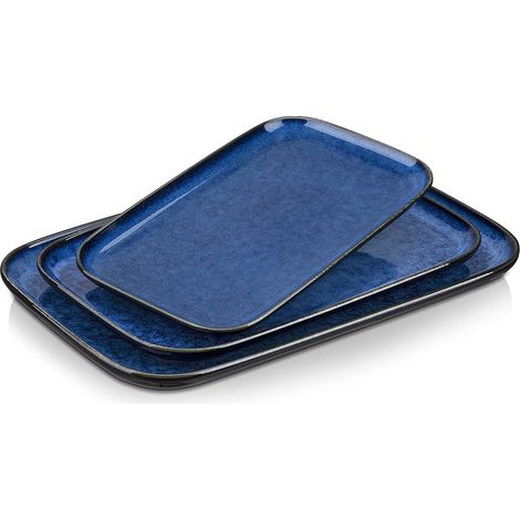 Lot de 3 Assiettes Rectangulaires en Porcelaine - 28/33,3/38,5cm Assiettes Plates pour Poulet Grillé, Fruits et Salade, Adaptés au Lave-vaisselle et au Micro-ondes, Bleu (1/5)
