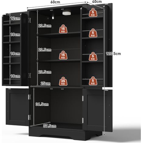 Armoire de cuisine de dimensions 120x60x40 cm, équipée d’une lumière LED. C’est une grande armoire à quatre portes, dotée de plateaux de rangement réglables et de dispositifs permettant de fixer les p (1/5)