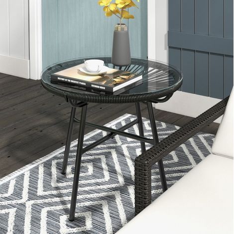 Tavolino da giardino in PE rattan nero, quadrato, piano in vetro temperato, stile boho (1/5)