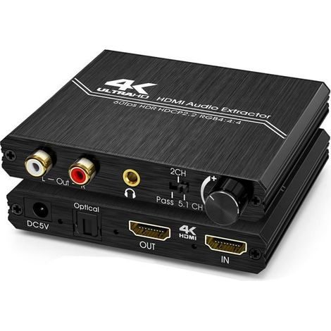 HOXILEELEOExtracteur Audio HDMI 2.0 – Répartiteur Audio HDMI 4K vers Spdif Optique 3,5 mm AUX Stéréo RCA L/R Convertisseur Audio (1/5)