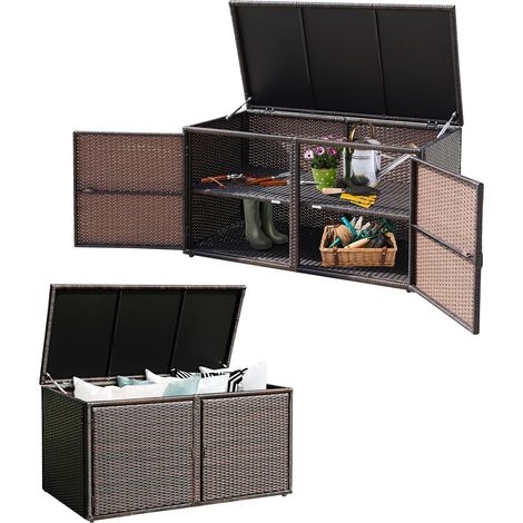 Coffre de Rangement à 2 Niveaux en Rotin PE, Grande Boîte avec 2 Portes & Couvercle, Armoire pour Jardin, Balcon, Piscine, Salon, Intérieur Extérieur, 115x60x65 cm (Noir) (1/5)