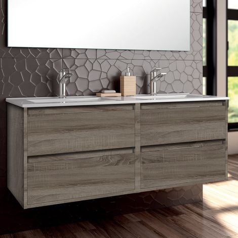 Meuble de salle de bain 120cm double vasque - 4 tiroirs - sans miroir - Britannia (chêne foncé) - IRIS (1/5)