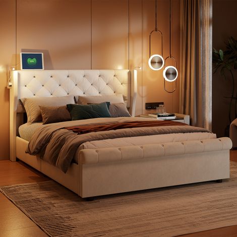 Lit coffre capitonné 140x190cm, lit adulte rembourré avec chargement USB, lit double rangement à levier hydraulique, décoration touffetée, unique pied de lit, tissu velours, Beige (1/5)