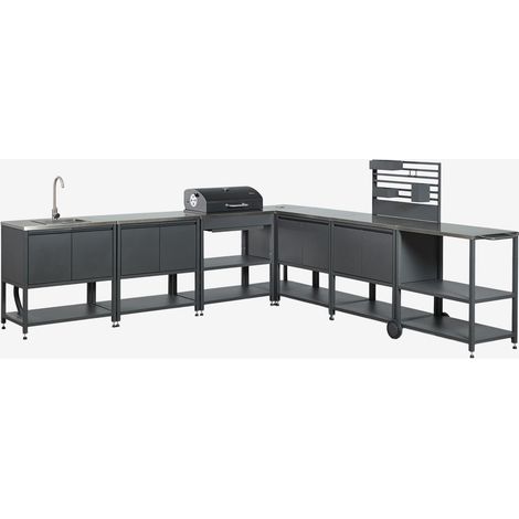 Cocina modular esquinera de exterior de 7 piezas con fregadero, panel organizador y barbacoa de carbón en acero Savona SKLUM (1/5)