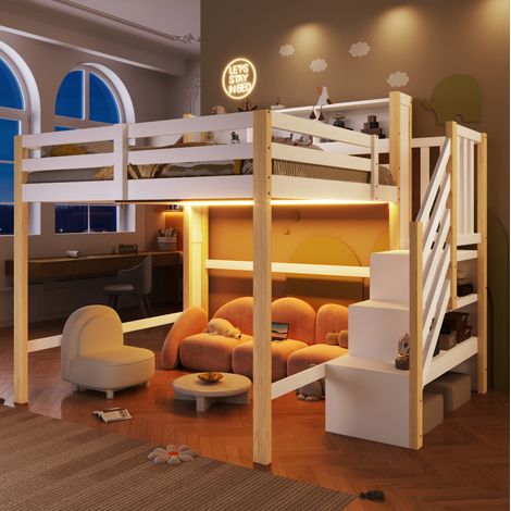 Cama infantil alta 140x200 cm con LED, escalera de almacenaje, blanco y natural OKMYHOME (1/5)