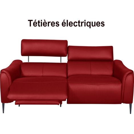 Canapé 2 places avec 2 relax en 100% tout cuir épais de luxe italien avec 2 relax électriques et 2 têtières électriques, MILAN, rouge foncé