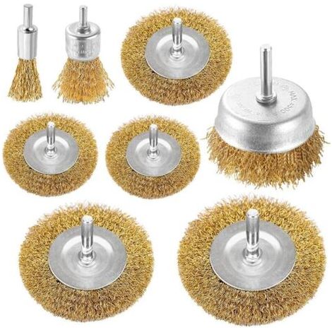 Ensemble de 8 brosses coupelles métalliques pour perceuses, avec revêtement en laiton, tige de 6,35 mm pour le nettoyage de la rouille, des flocons et des abrasifs. (1/4)