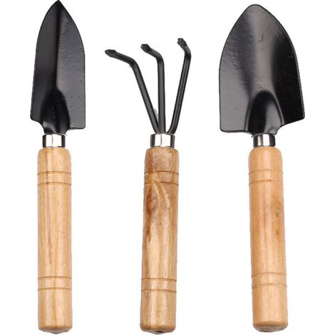Outils de jardin manche en bois épais râteau à trois dents pelle pointue grand ensemble de trois pièces de jardinage noir mini ensemble de pelle à fleurs de sol multi-succulent